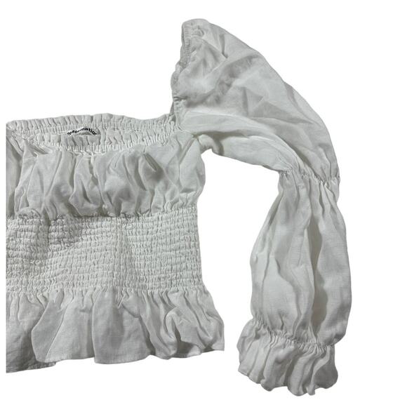 White Reformation Linen Long-Sleeve Off-the-Shoulder Ruched Top Blouse M NWOT - Picture 2 of 4